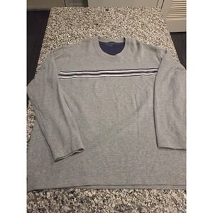 Cherokee V-Neck Sweater Mens XL Grey Navy Striped Chest 100% Cotton Long Sleeve
